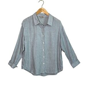 Trensic SPAO Women Large Grey Pinstripe Modal Linen Blend Button Up Top Classic‎